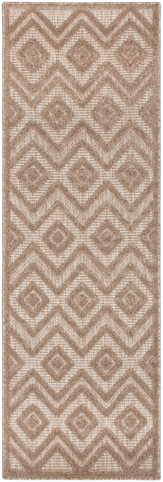 Beige geometric runner rug with diamond & chevron patterns, textured woven pile in neutral tones, 6' long.