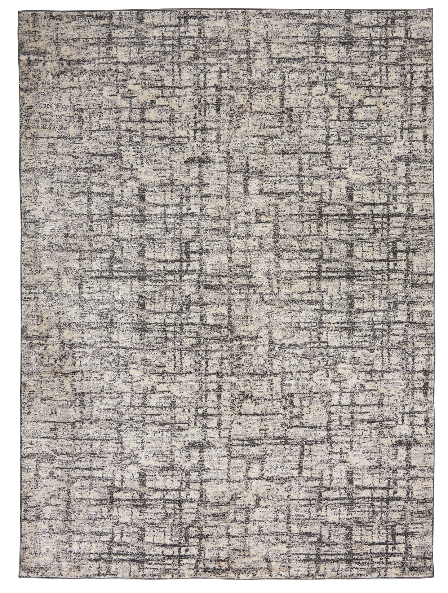 Rectangular beige & charcoal abstract distressed rug, low-pile woven style for living spaces.