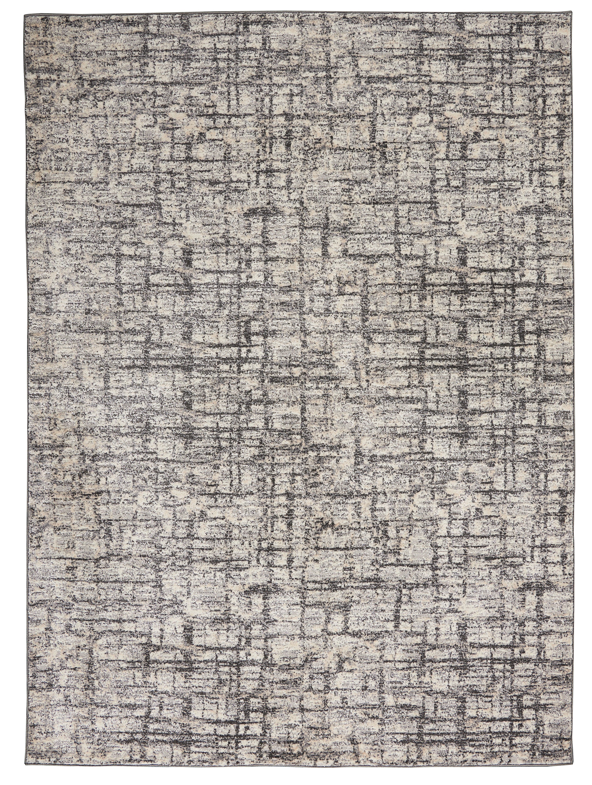 Rectangular beige & charcoal abstract distressed rug, low-pile woven style for living spaces.