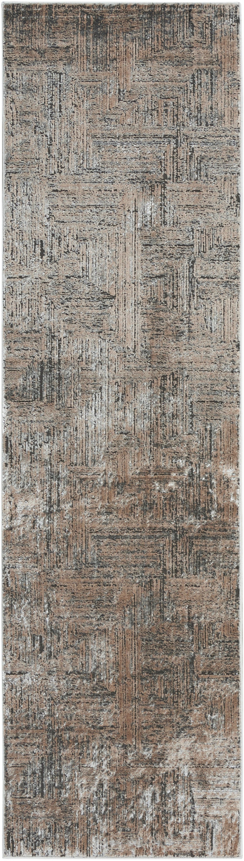 Rectangular runner rug with abstract geometric patchwork in brown, tan, and gray tones; distressed textured pattern.