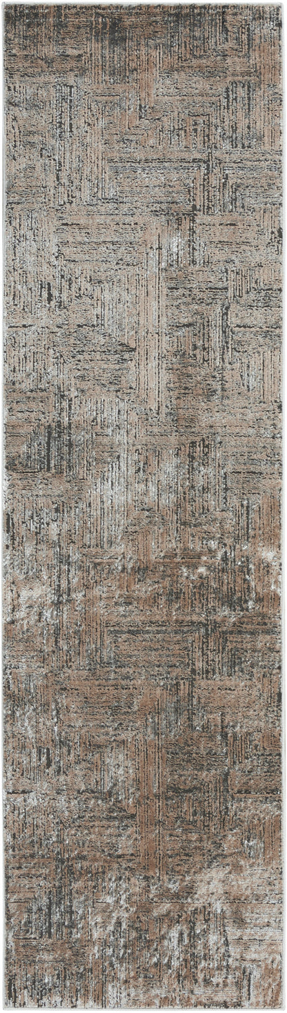 Rectangular runner rug with abstract geometric patchwork in brown, tan, and gray tones; distressed textured pattern.