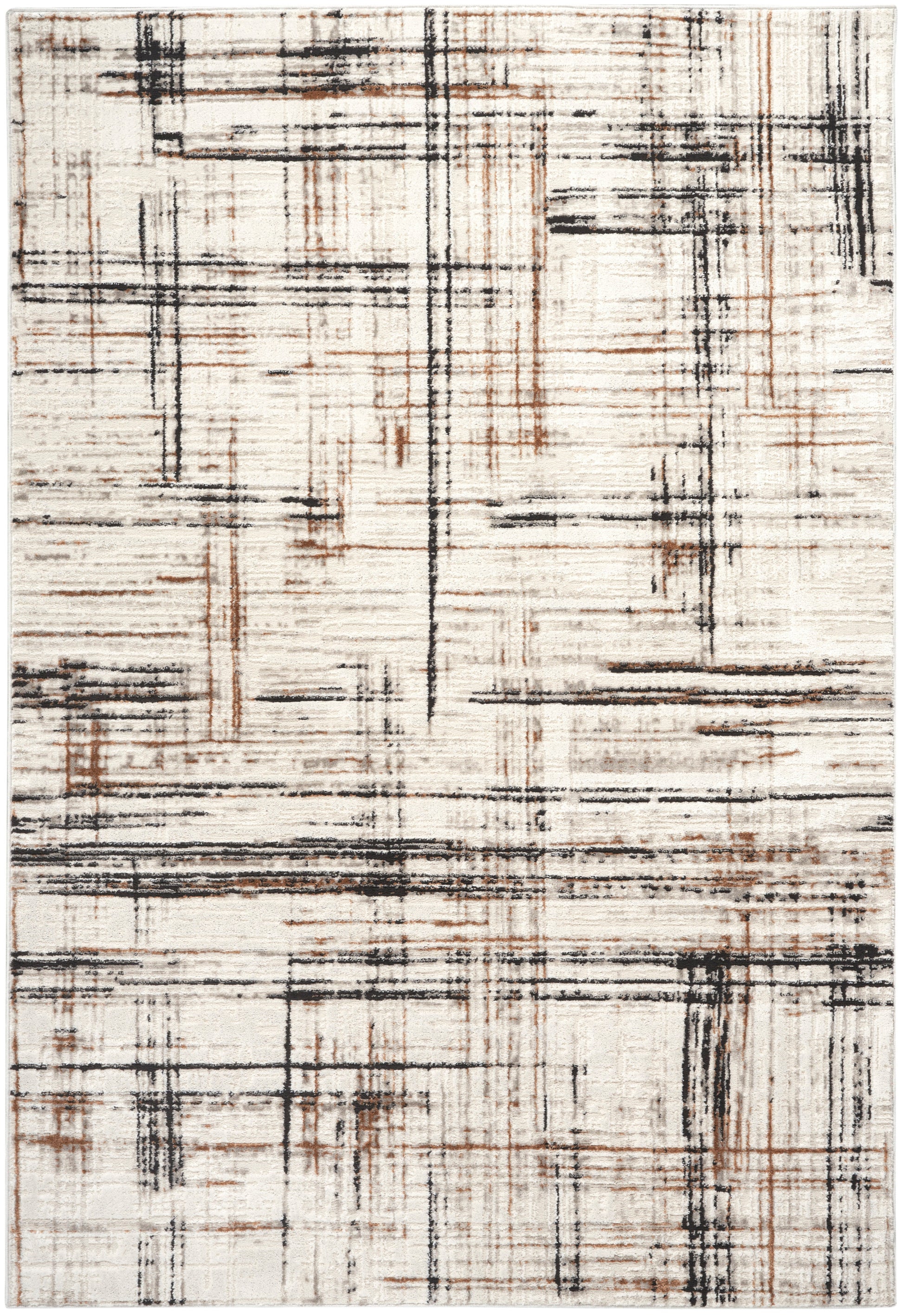 Rectangular cream area rug with a black and bronze linear grid pattern; modern geometric style for living spaces.