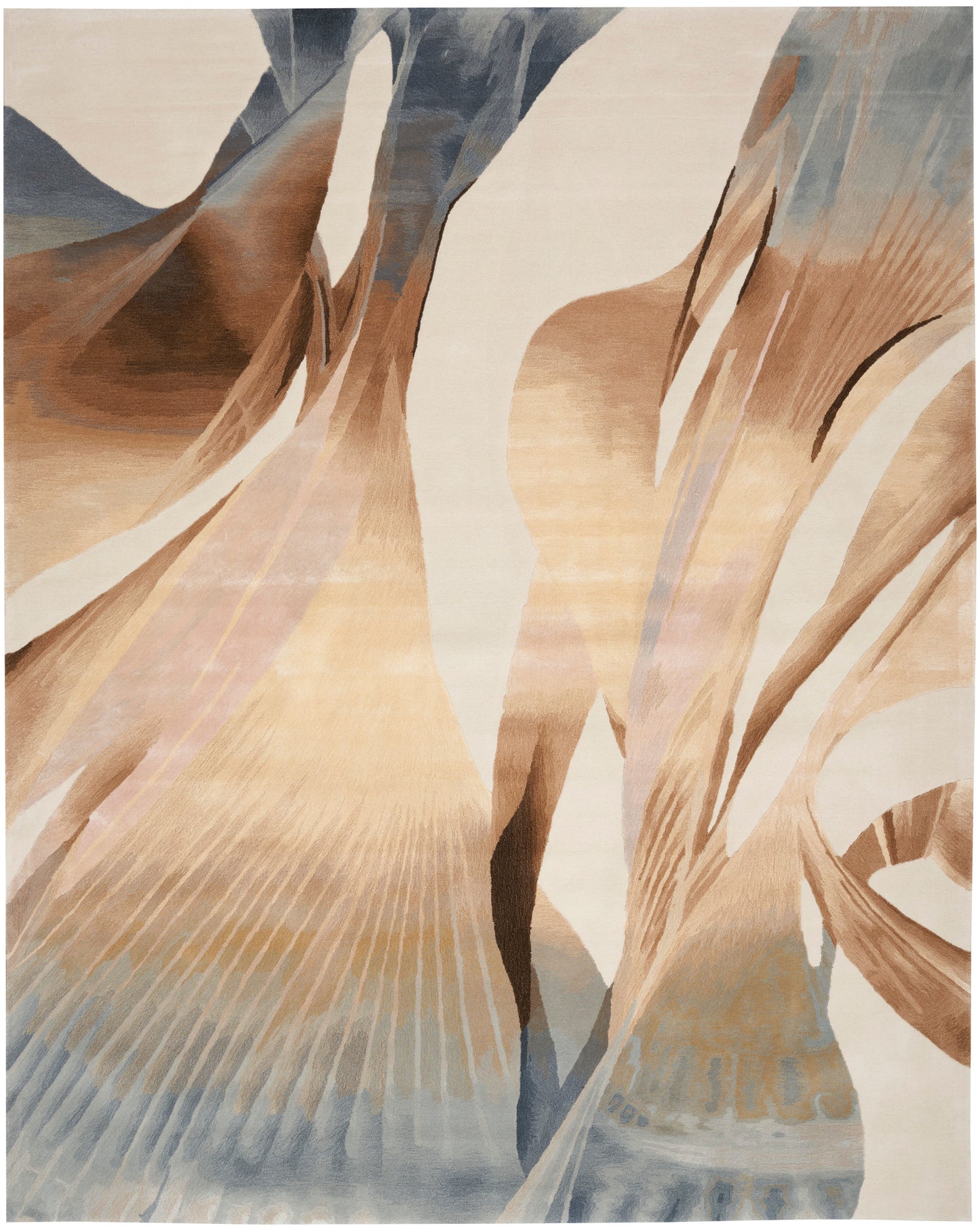 Abstract area rug featuring sweeping beige, tan and cream curves with pale blue accents; modern, draped-fabric look.