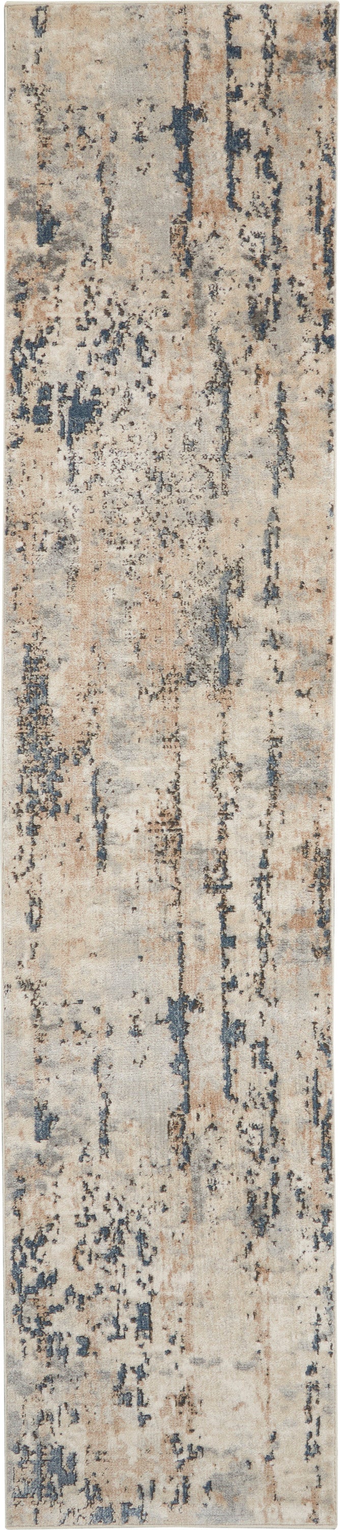 Abstract distressed beige and blue 12' runner rug with vertical tan streaks; modern, versatile hallway or living space decor.