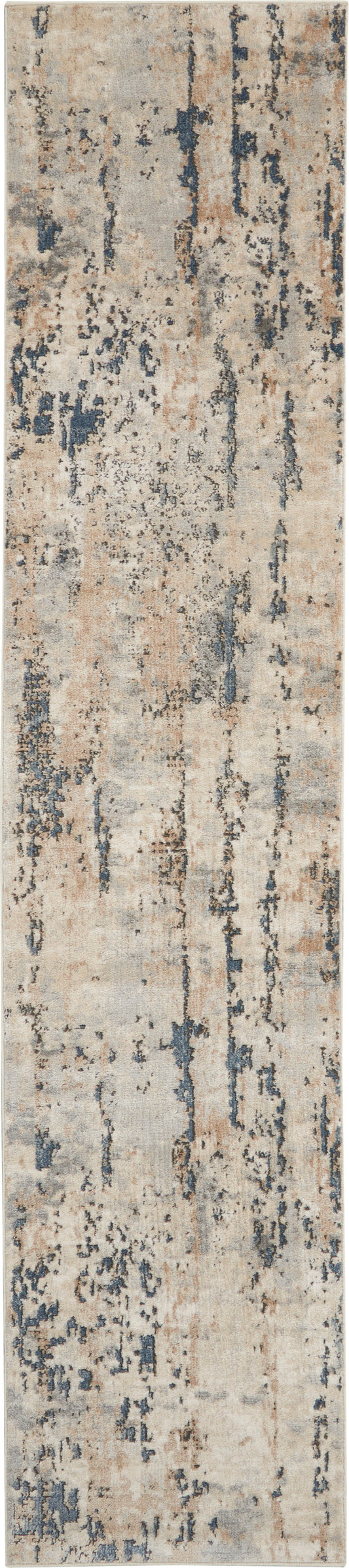 Abstract distressed beige and blue 12' runner rug with vertical tan streaks; modern, versatile hallway or living space decor.