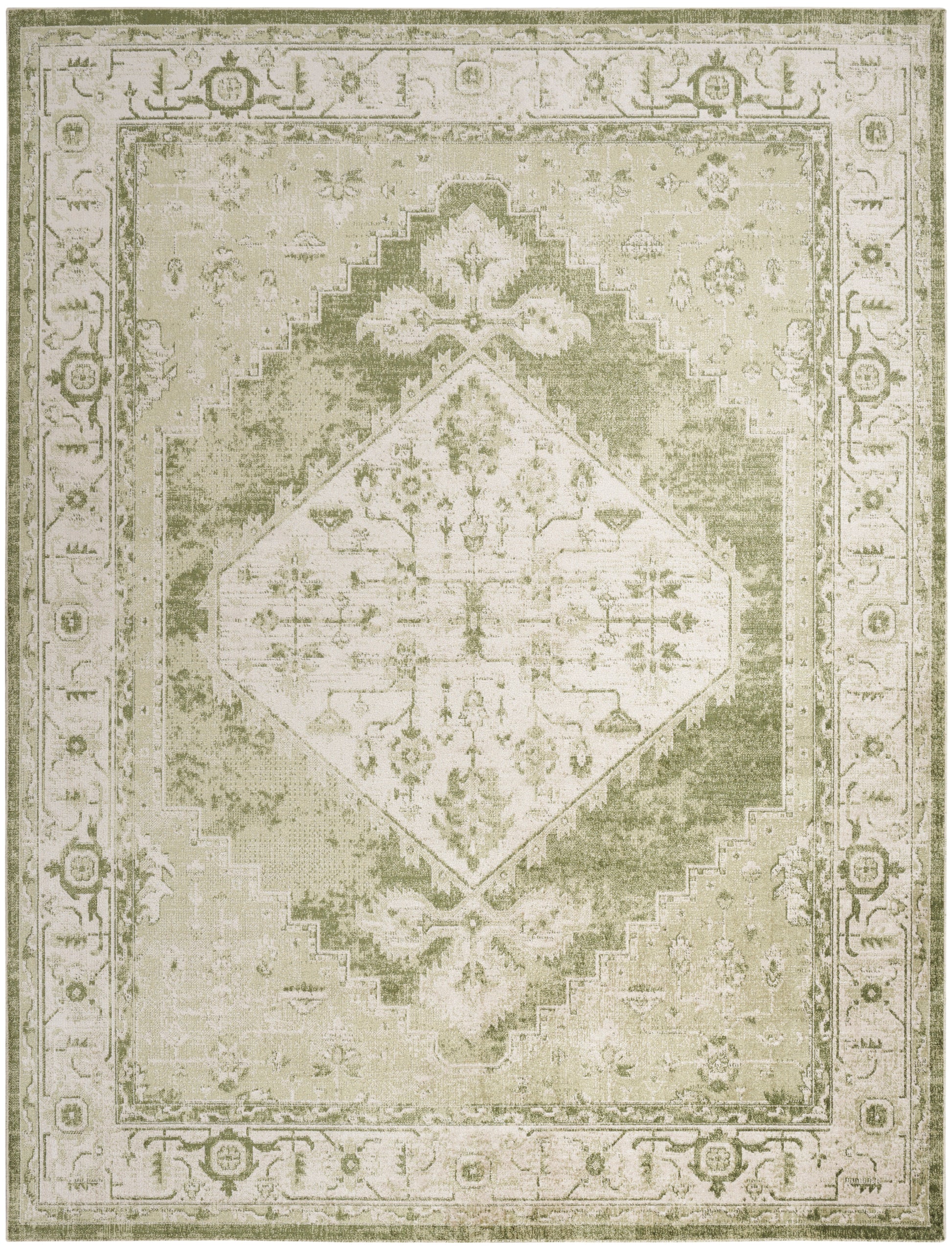 Distressed vintage-style area rug in olive-green and beige with a diamond center, floral motifs and ornate border.