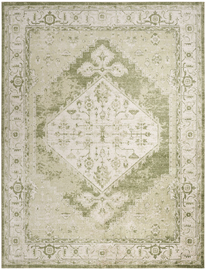Distressed vintage-style area rug in olive-green and beige with a diamond center, floral motifs and ornate border.