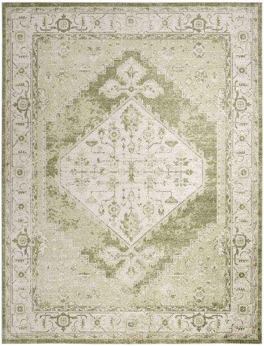Distressed vintage-style area rug in olive-green and beige with a diamond center, floral motifs and ornate border.