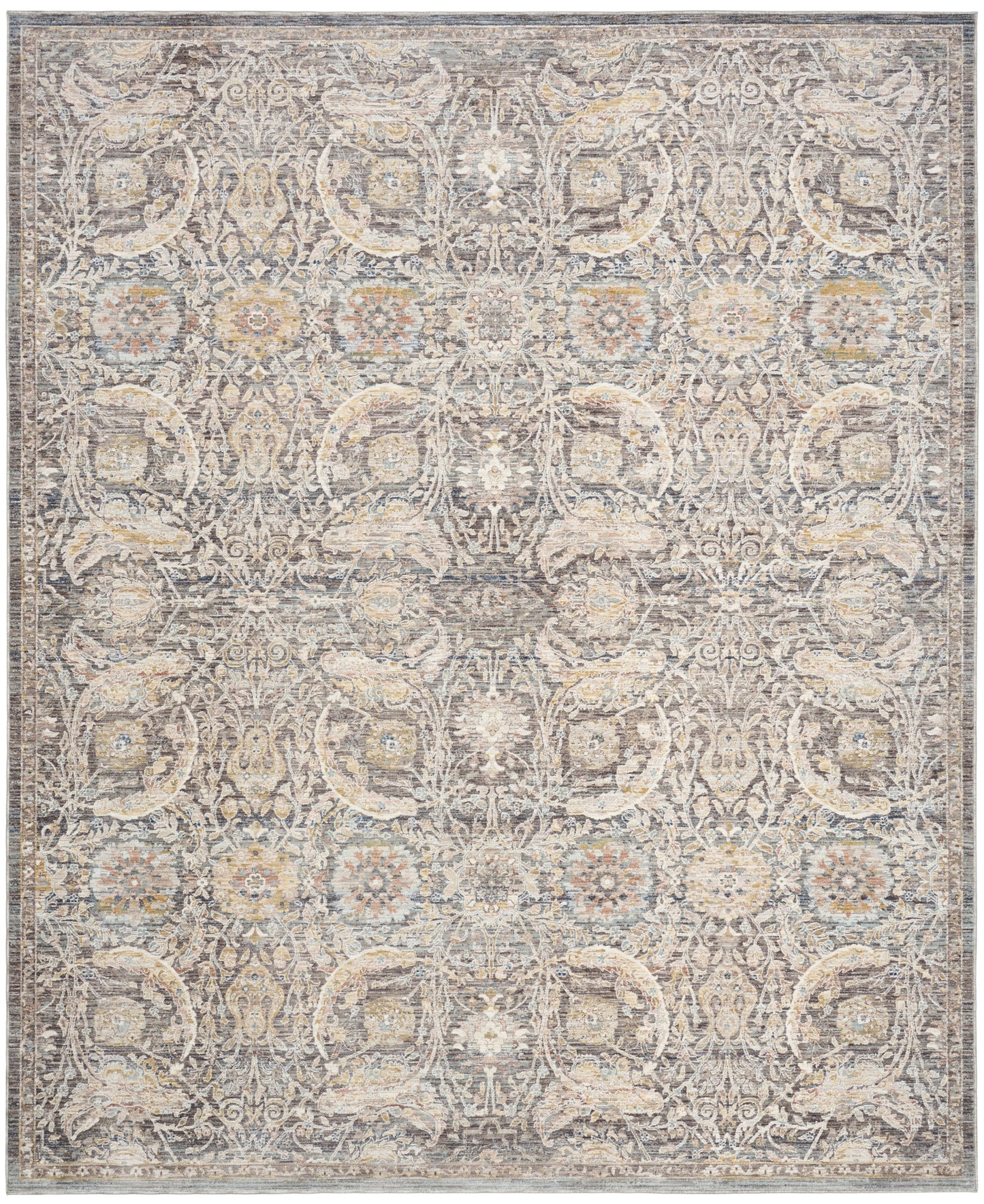 Rectangular vintage-style oriental rug in distressed beige-gray with intricate floral damask pattern and blue-tan accents