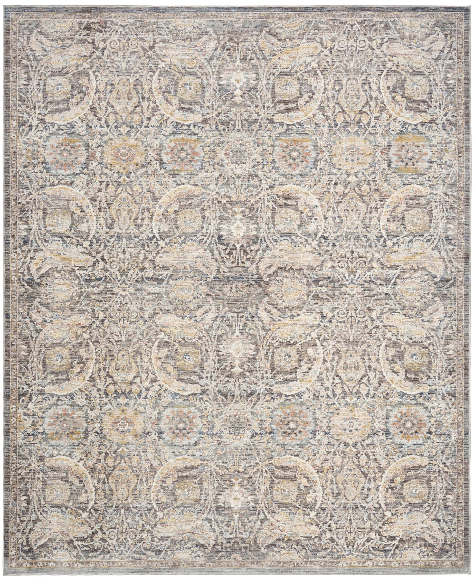 Rectangular vintage-style oriental rug in distressed beige-gray with intricate floral damask pattern and blue-tan accents