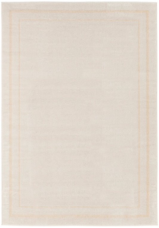 Cream rectangular rug with two pale peach borders along the edges, soft woven texture, minimalist decor.