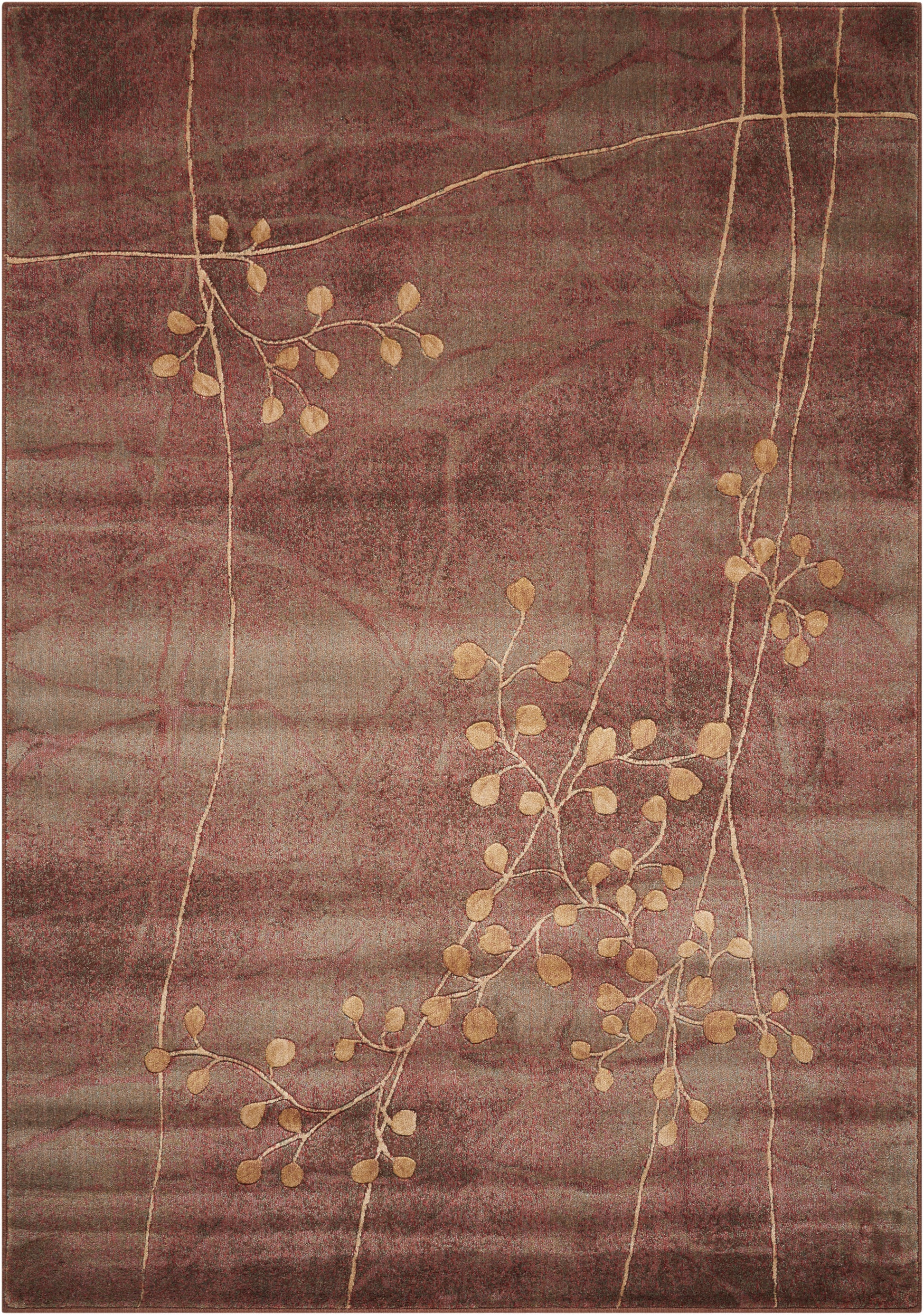 Burgundy-toned area rug with cream vine lines and small beige leaves; plush, modern botanical motif