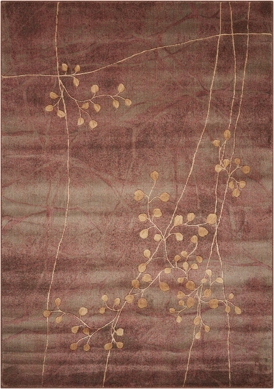 Burgundy-toned area rug with cream vine lines and small beige leaves; plush, modern botanical motif