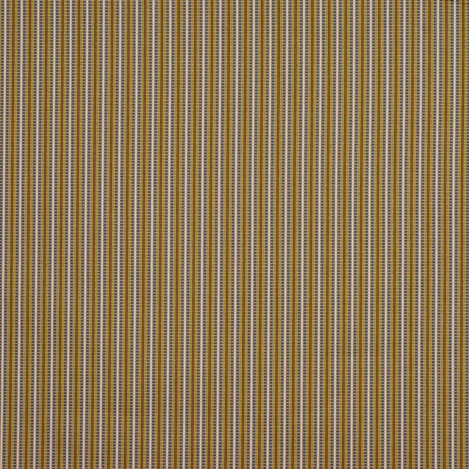 Woven fabric with narrow vertical stripes in mustard yellow, brown, gray and beige; retro upholstery pattern.