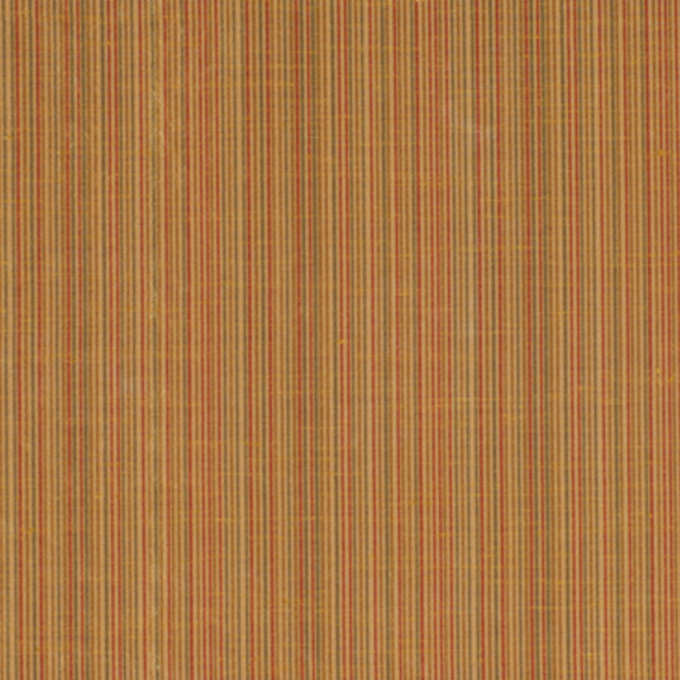 Orange and brown striped fabric with thin multicolor vertical stripes; warm retro upholstery or wallpaper.