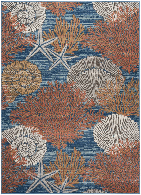 Coastal area rug featuring blue sea backdrop with orange coral, white seashells and starfish accents.