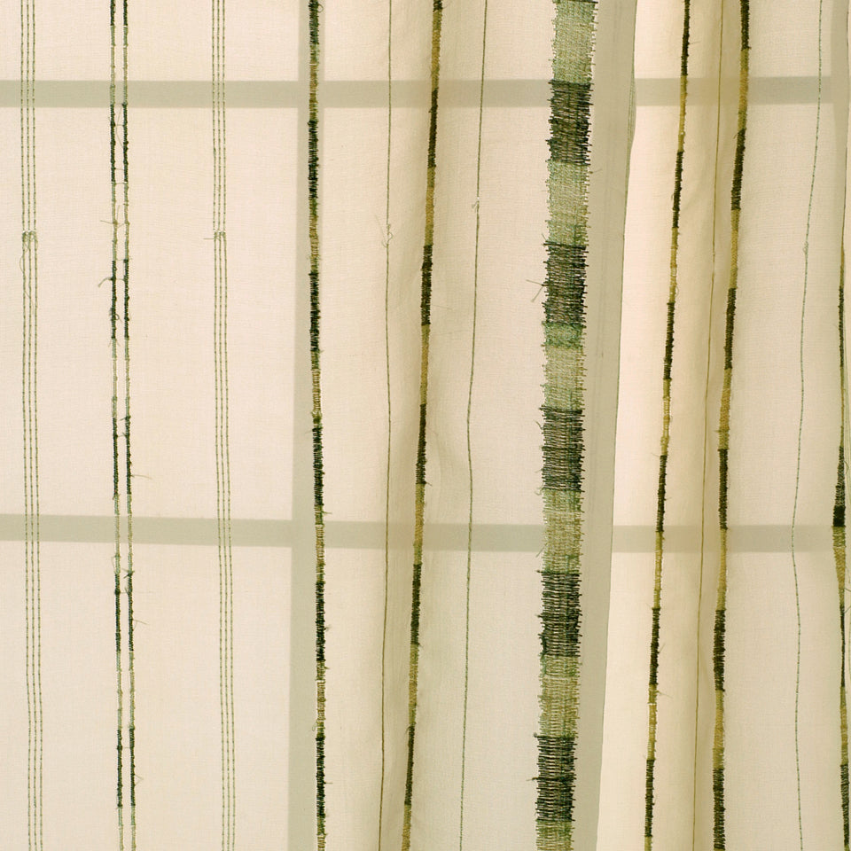 Beige sheer curtain with vertical green brushstroke stripes, lightweight window drapery for modern decor.