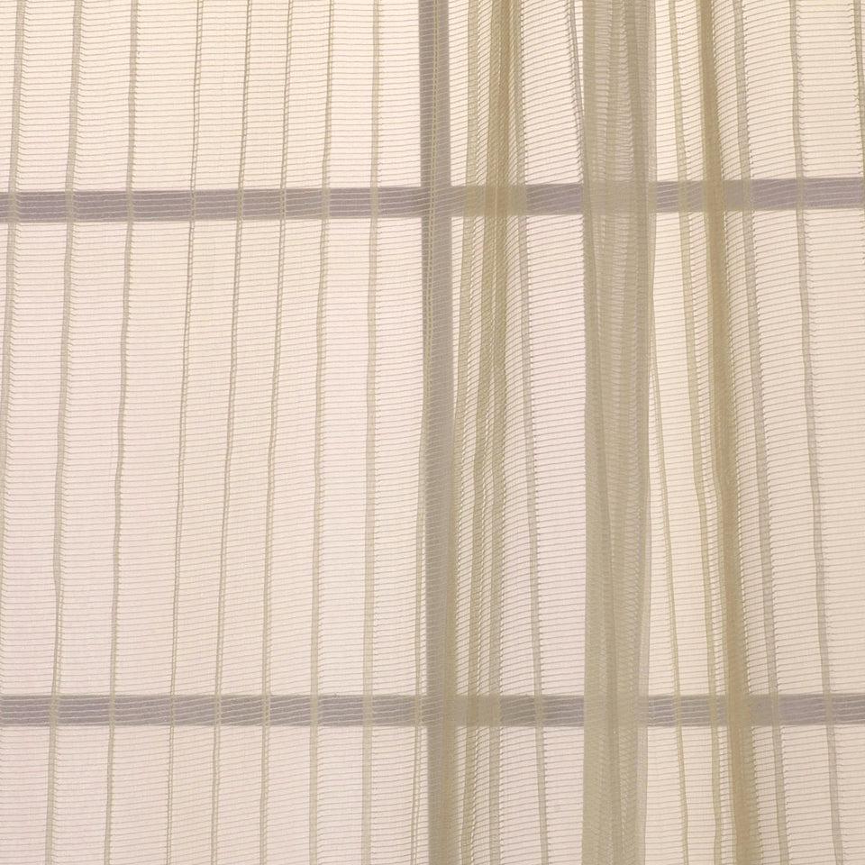 Beige sheer linen-like curtain panels with vertical stripes, light-filtering window treatment.