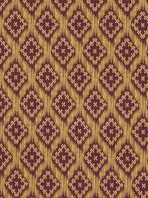 Woven fabric swatch: burgundy diamonds with gold lattice on tan background; damask-style upholstery textile.