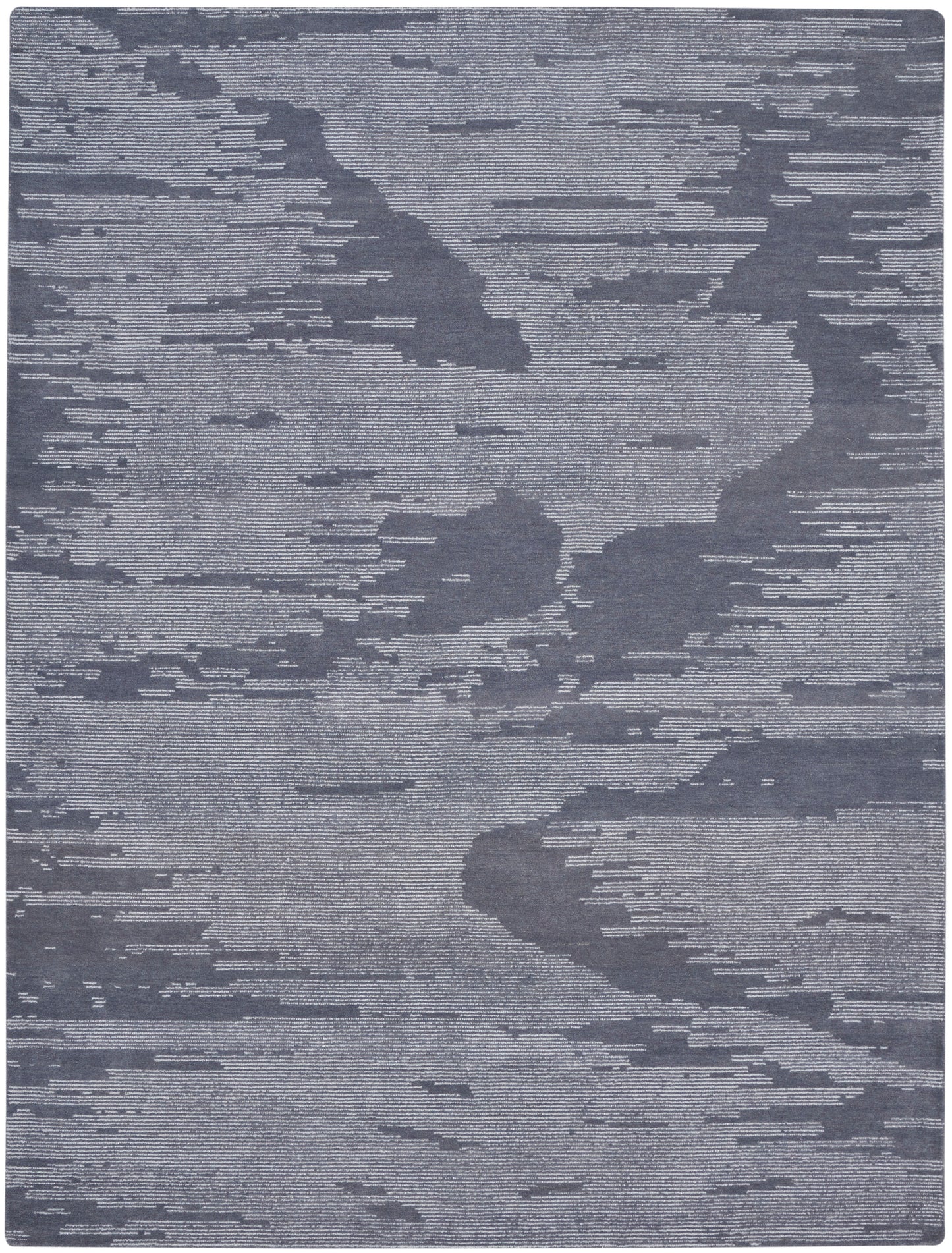 Rectangular blue-gray rug with abstract cloud-like shapes and subtle linear texture.