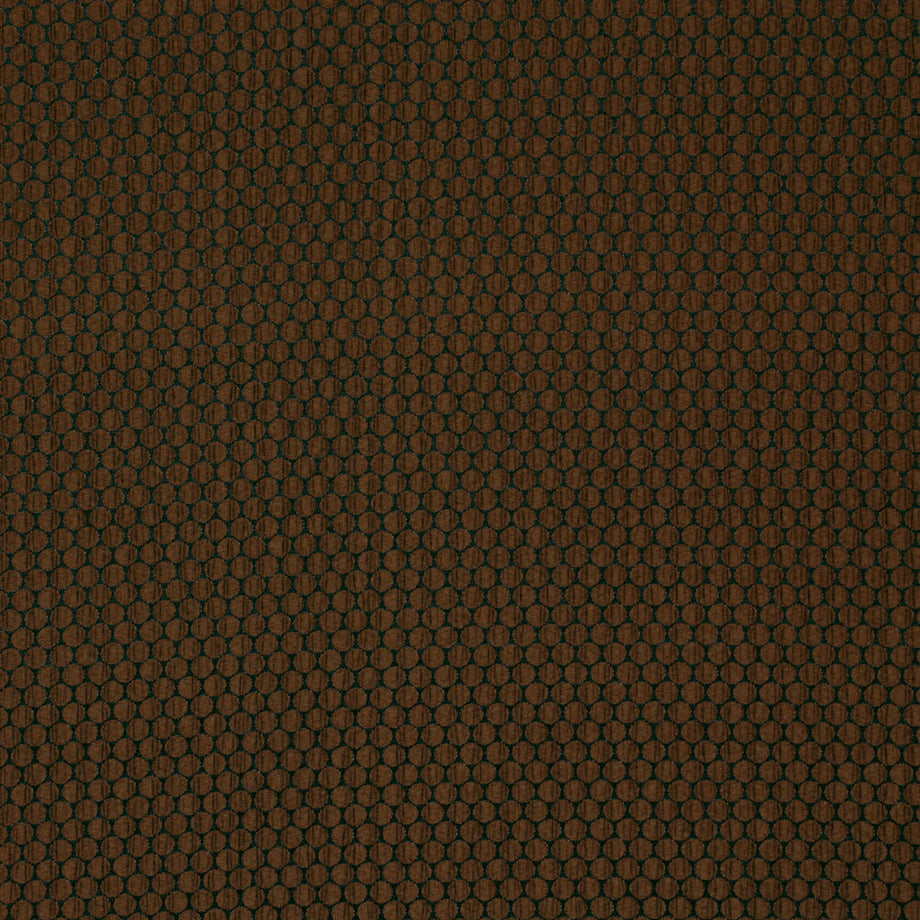 Brown textured upholstery fabric with a repeating small olive-brown circular dot pattern.