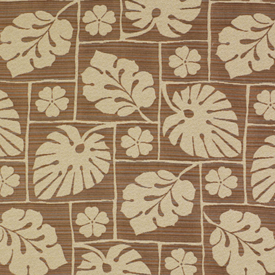 Cream monstera leaves and small flowers on a brown grid-pattern fabric.
