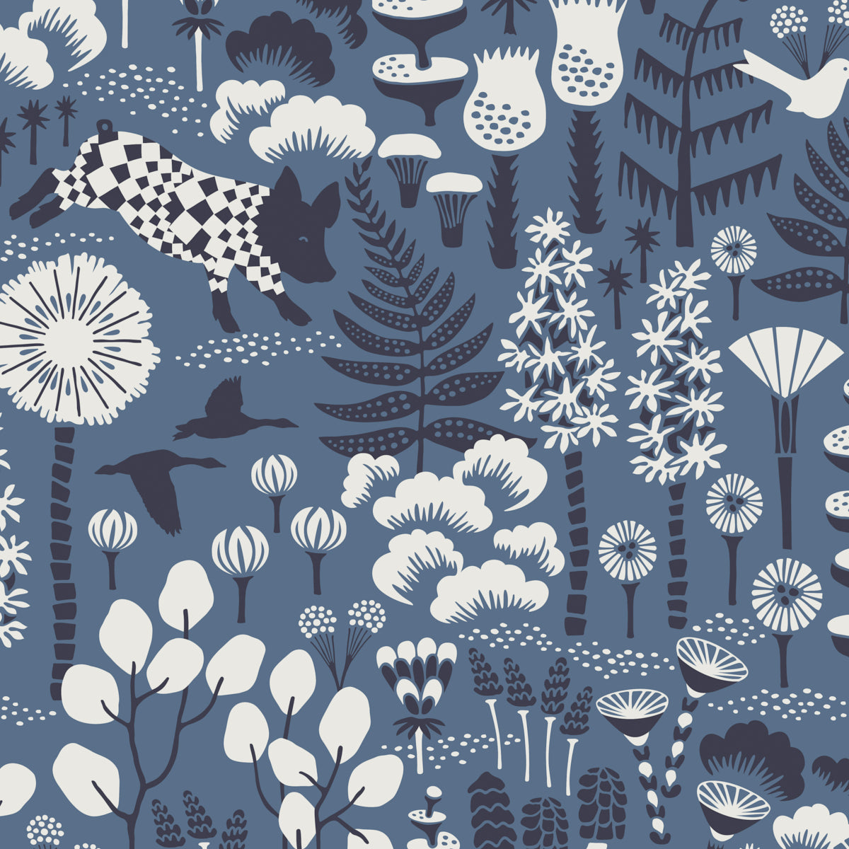 Blue botanical pattern with white silhouettes: trees, flowers, ferns, birds, mushrooms, clouds.