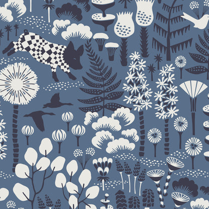 Blue botanical pattern with white silhouettes: trees, flowers, ferns, birds, mushrooms, clouds.