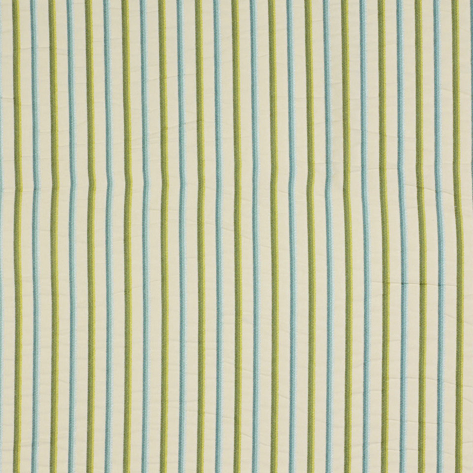 Light beige upholstery fabric with vertical blue and green stripes.