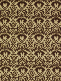 Brown and beige damask pattern upholstery fabric with ornate floral scrollwork.