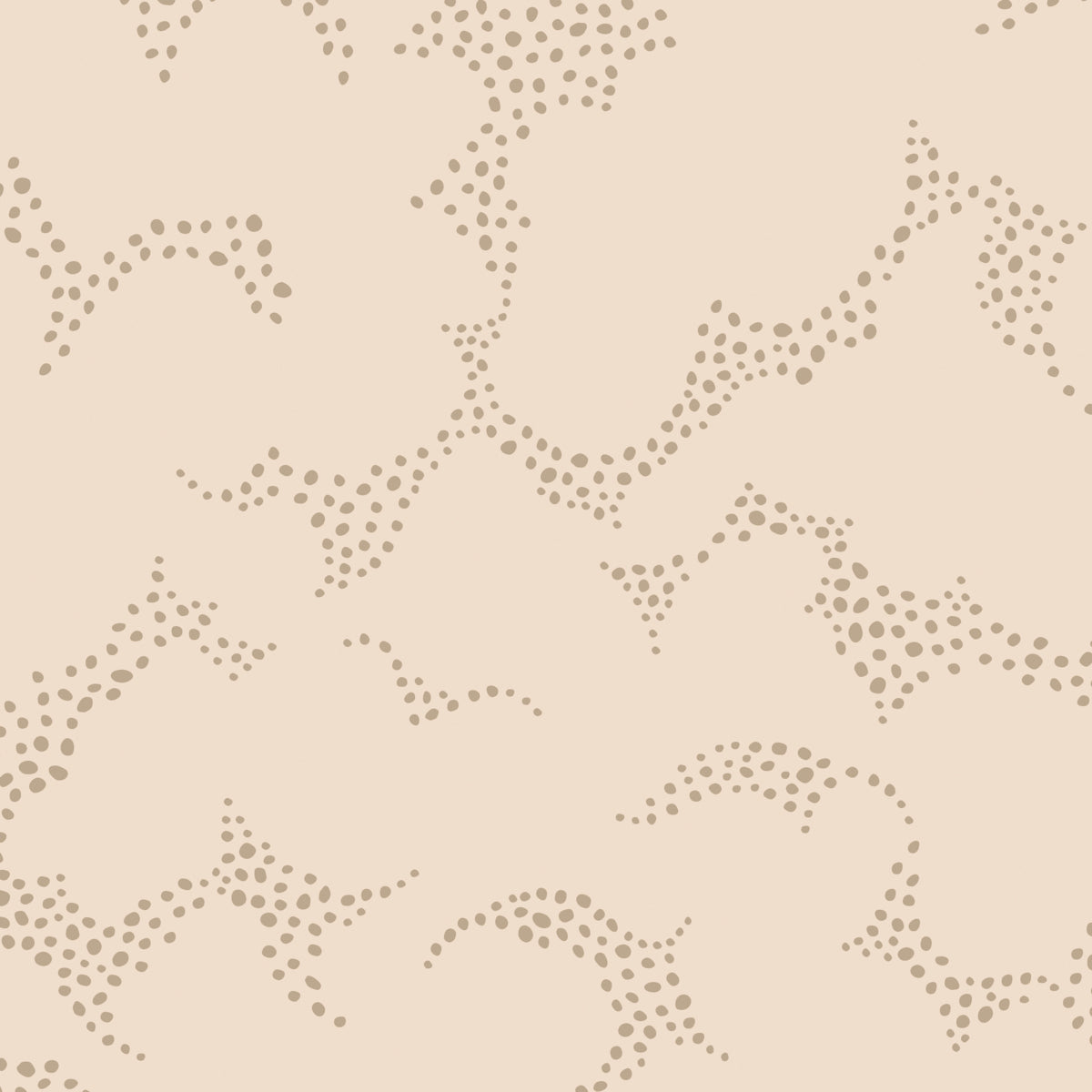 Beige wallpaper pattern with scattered taupe dotted curves forming an abstract, wavy camouflage design.
