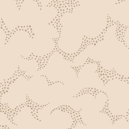Beige wallpaper pattern with scattered taupe dotted curves forming an abstract, wavy camouflage design.