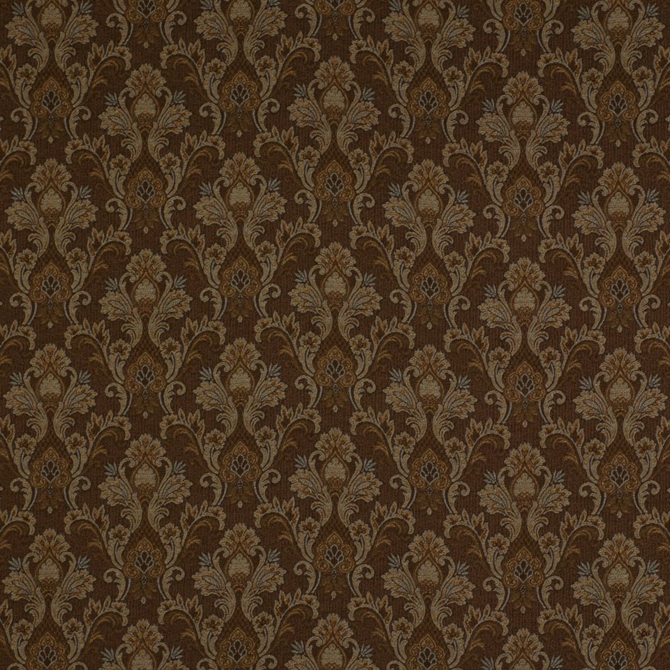 Brown upholstery fabric with gold damask floral motifs; classic vintage pattern.