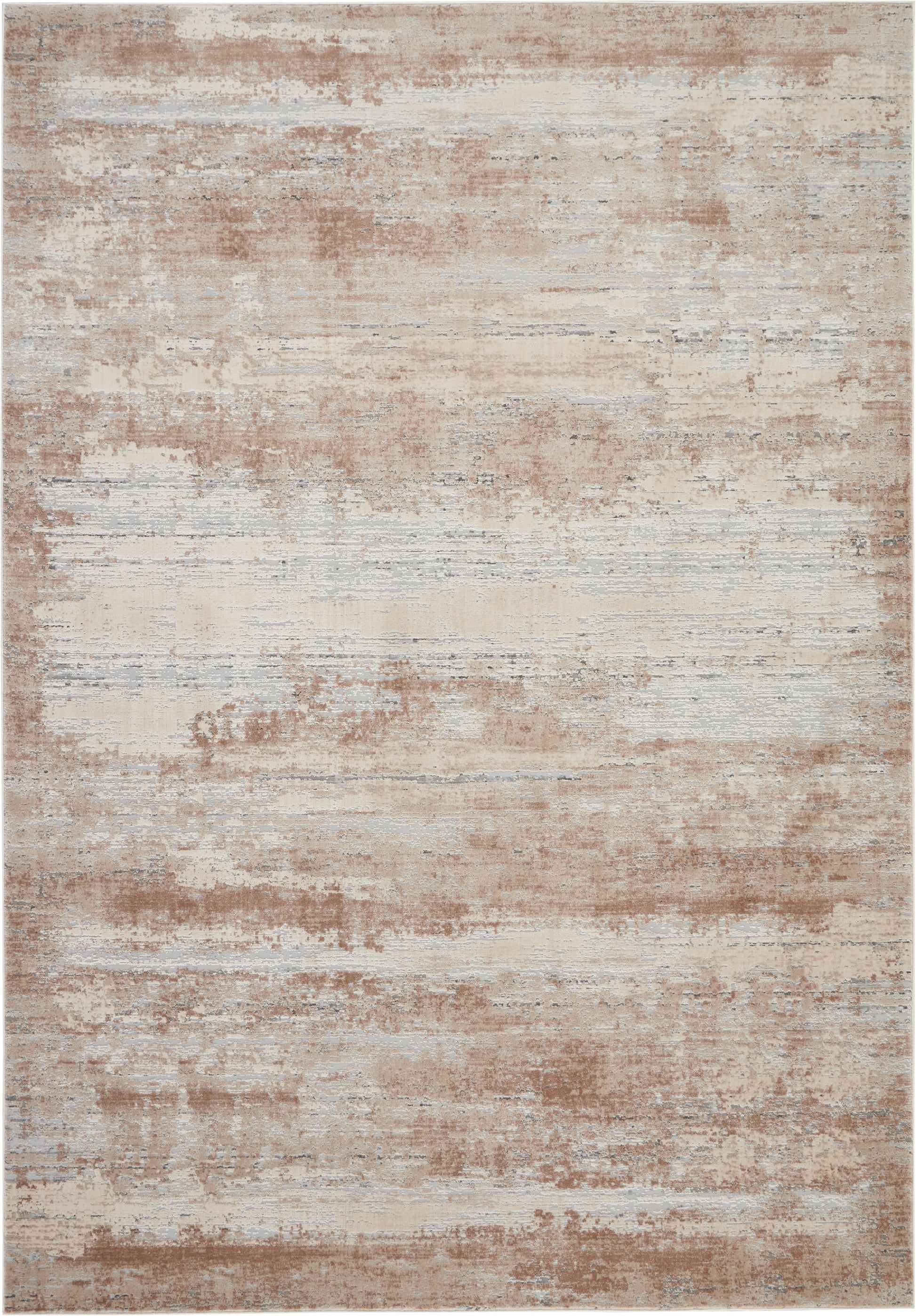 Rectangular abstract distressed rug (8' x 11') in beige, tan, cream and pale gray; modern earthy style for living spaces.
