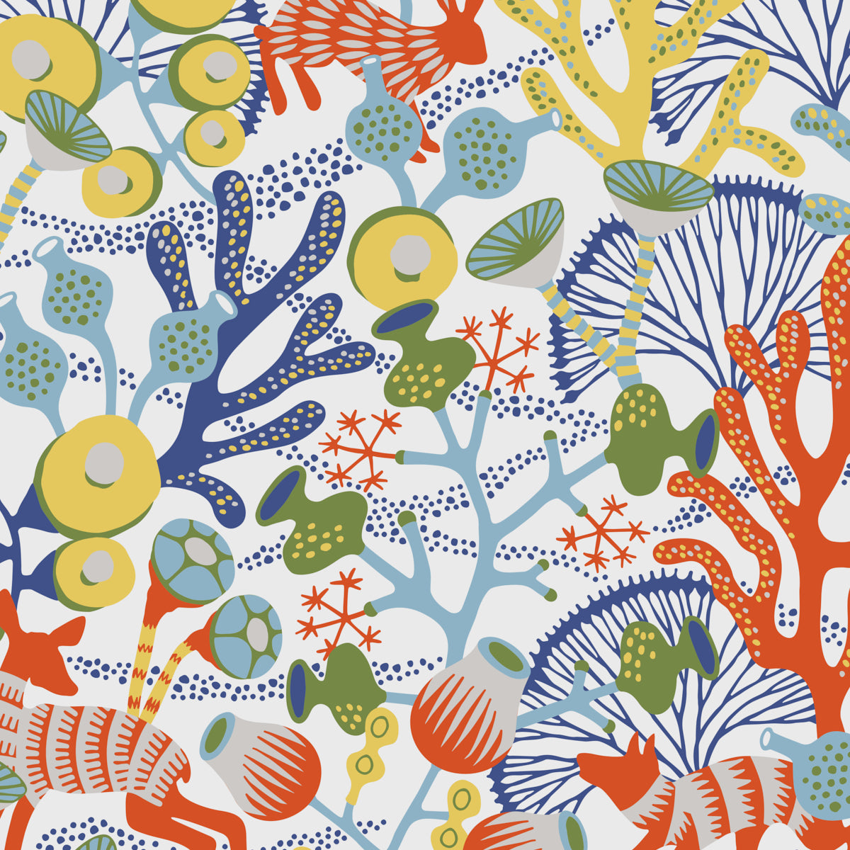 Colorful coral reef wallpaper pattern with blue, yellow, orange & green corals and seaweed on ivory multi background.