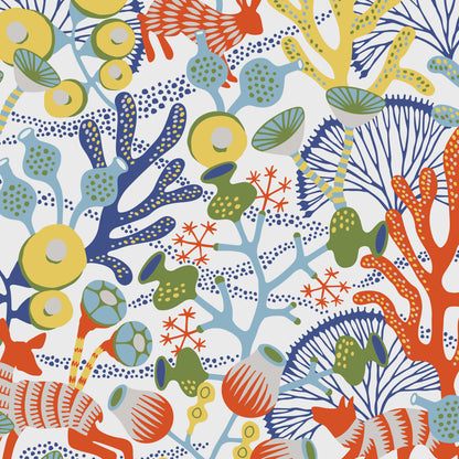Colorful coral reef wallpaper pattern with blue, yellow, orange & green corals and seaweed on ivory multi background.