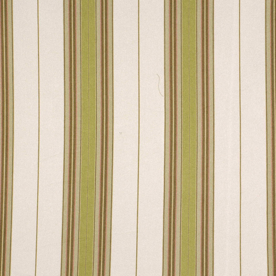 Upholstery fabric with vertical stripes: cream background with alternating lemongrass green and brown stripes.