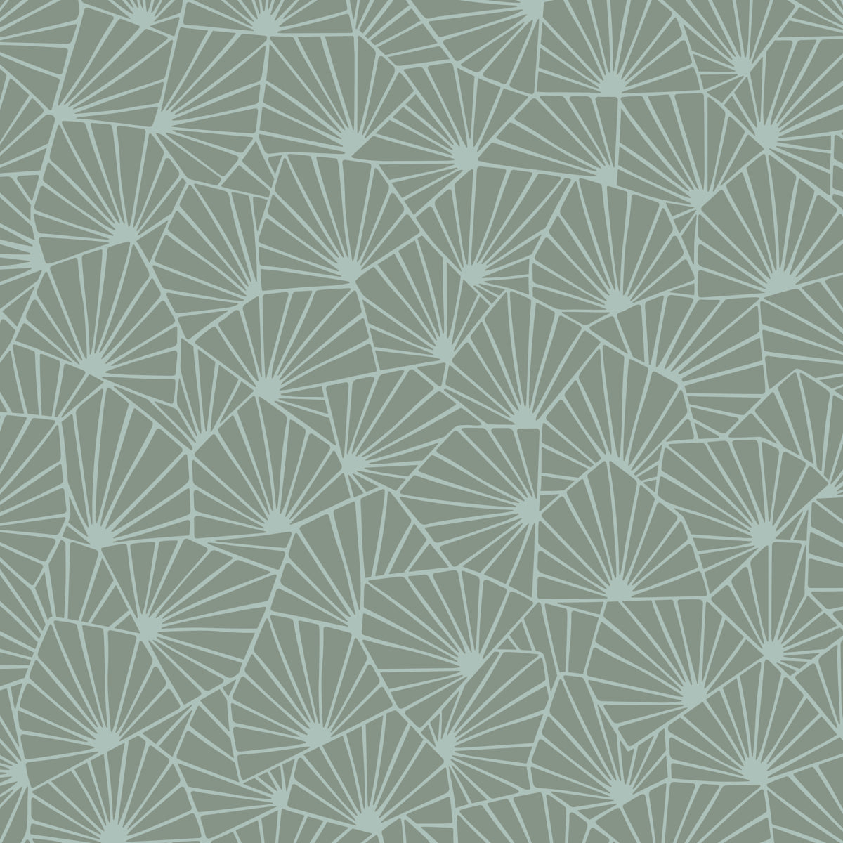Teal wallpaper pattern with repeating pale white radiating fan shapes and geometric lines.