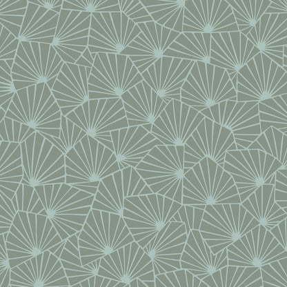 Teal wallpaper pattern with repeating pale white radiating fan shapes and geometric lines.