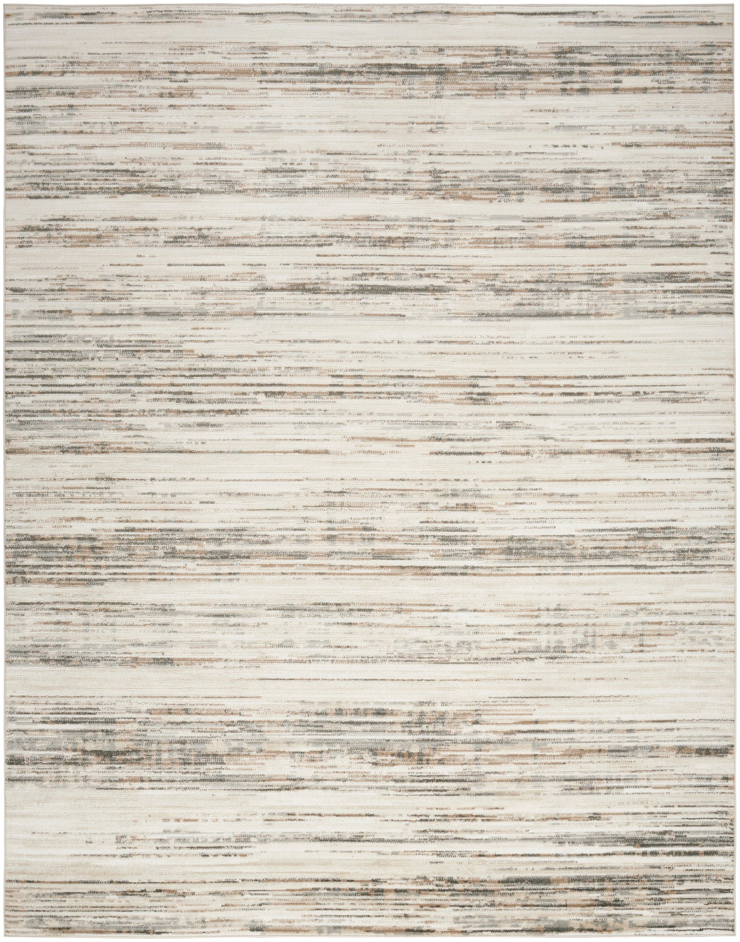 Beige rug with irregular, distressed gray-brown horizontal stripes and subtle cream undertones.