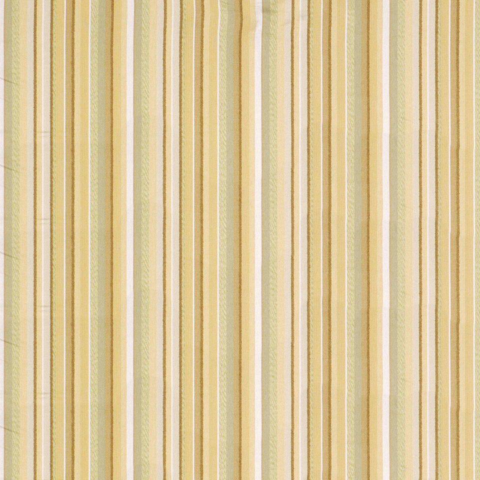 Vertical striped fabric in yellow, cream and olive tones; retro textile for upholstery.