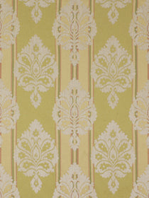Yellow damask upholstery fabric with ivory floral motifs and vertical stripe panels.