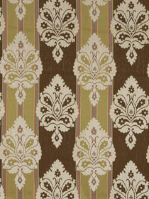 Brown fabric with repeating ivory damask motifs, pale pink accents, and olive vertical stripes; elegant upholstery textile.