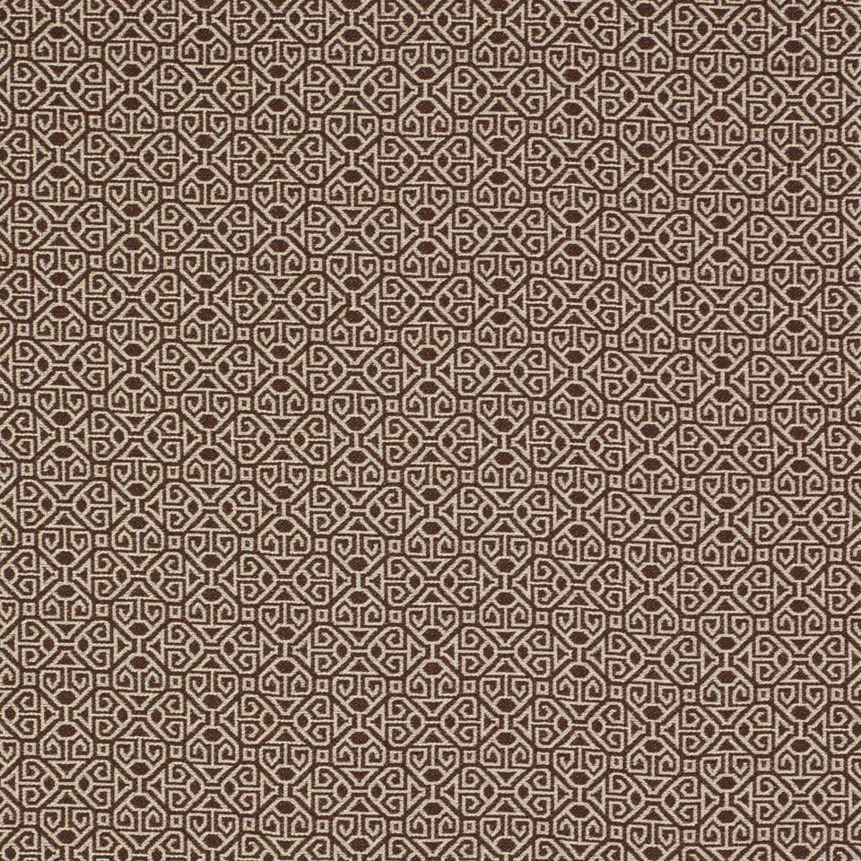 Brown woven fabric with beige geometric lattice pattern of interlocking squares; upholstery texture