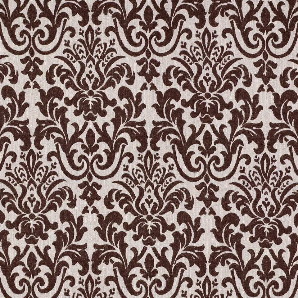 Dark brown damask pattern on a light beige background; ornate upholstery fabric.