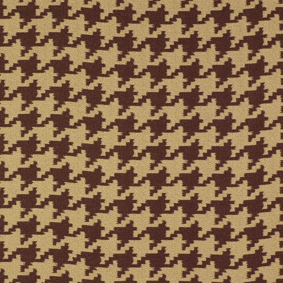 Brown and beige houndstooth fabric pattern; classic woven upholstery fabric.