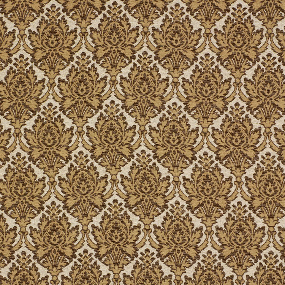 Gold-brown damask pattern on a beige backdrop with ornate floral motifs, suitable for upholstery fabric.