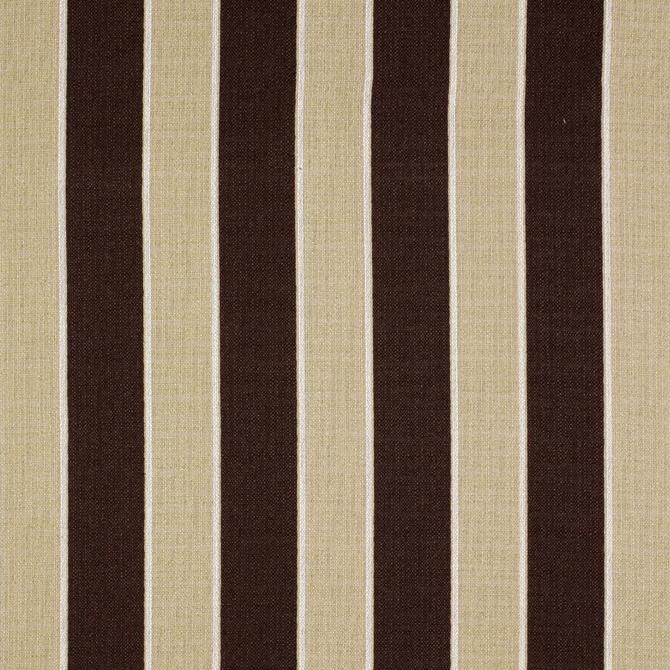 Vertical beige and dark brown striped woven upholstery fabric with a textured weave.