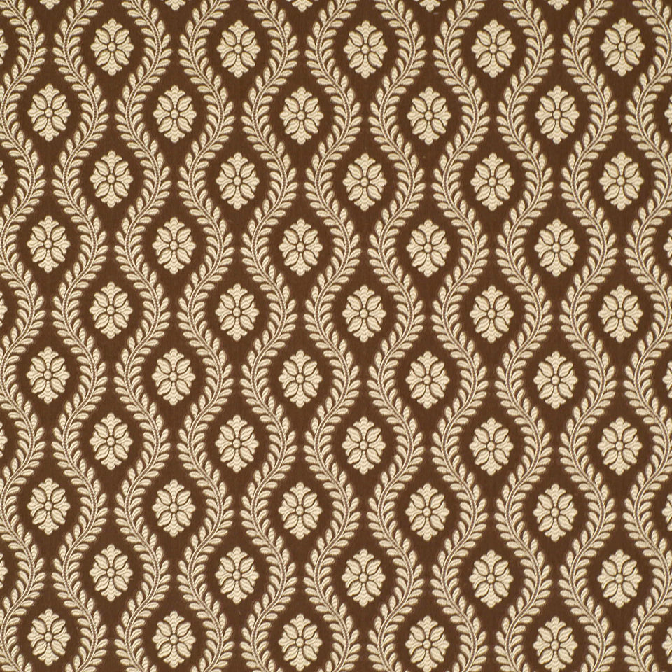 Brown damask pattern with cream floral medallions in vertical teardrop motifs; upholstery fabric.