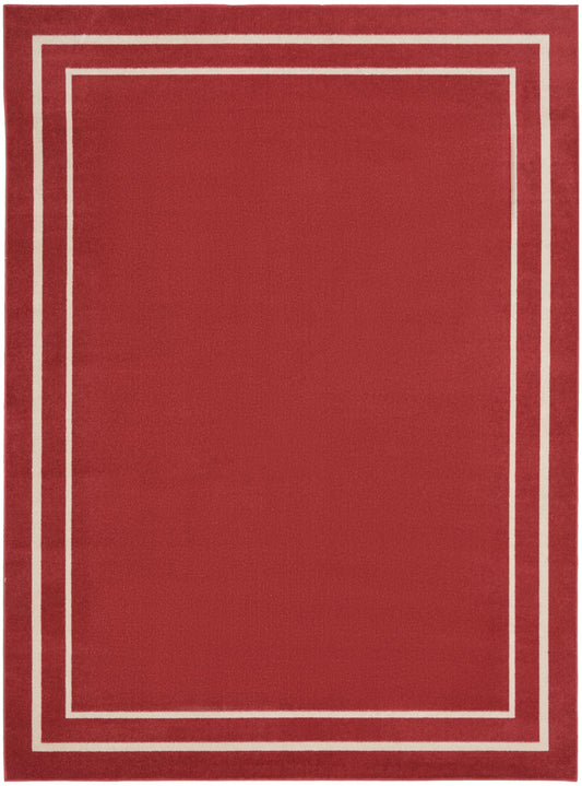 Red rectangular area rug with white nested border lines framing the edges.